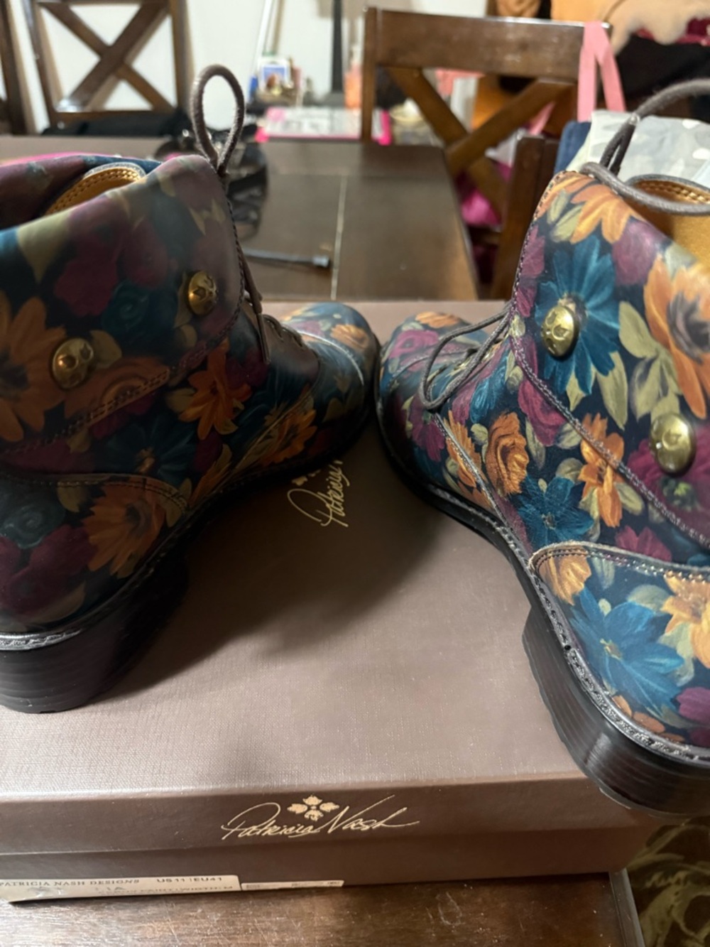 Patricia Nash Floral Leather Lace-Up Ankle Boots in Blue, Brown & Gold Tones - Picture 6 of 10